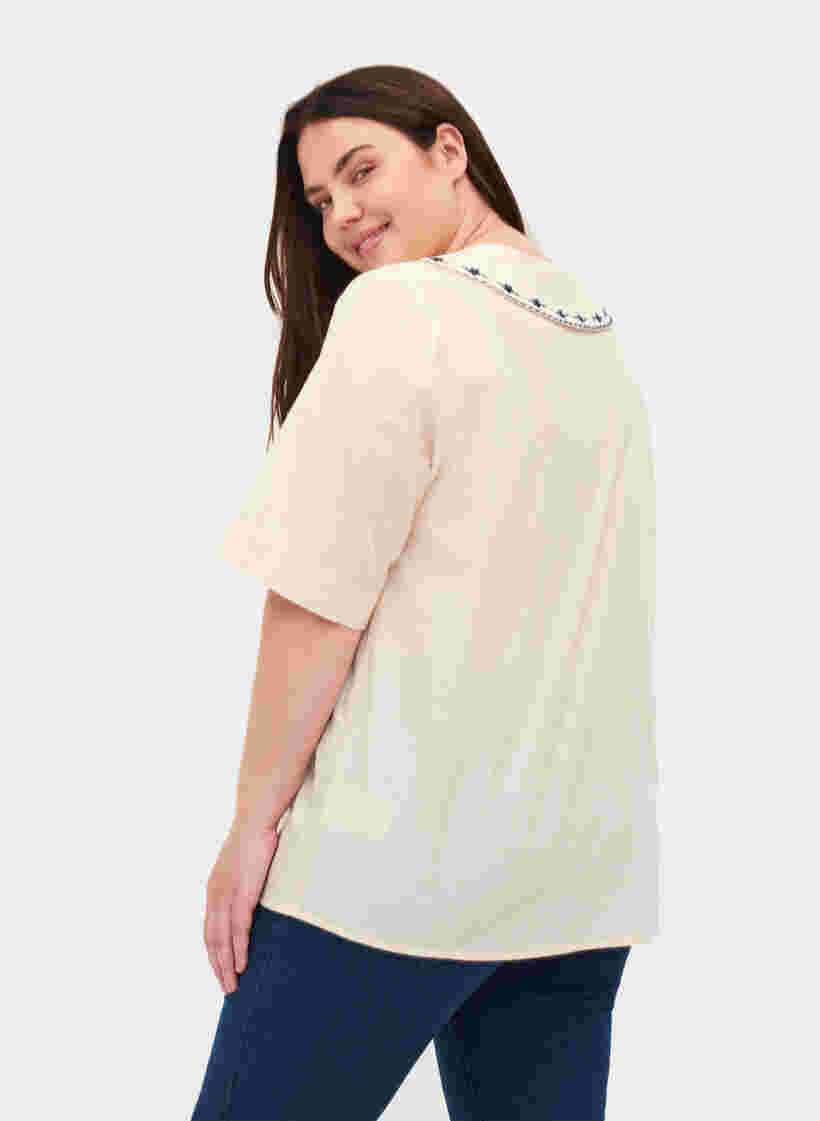 Kortærmet skjorte i bomuld med stor krave, MotherOfPearl w.Blue, Model image number 1