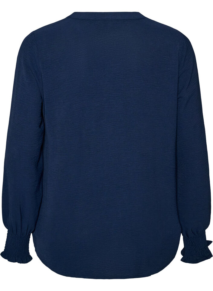 Bluse med smock manchetter og V-udsk&aelig;ring, Bl&aring;, Packshot image number 1
