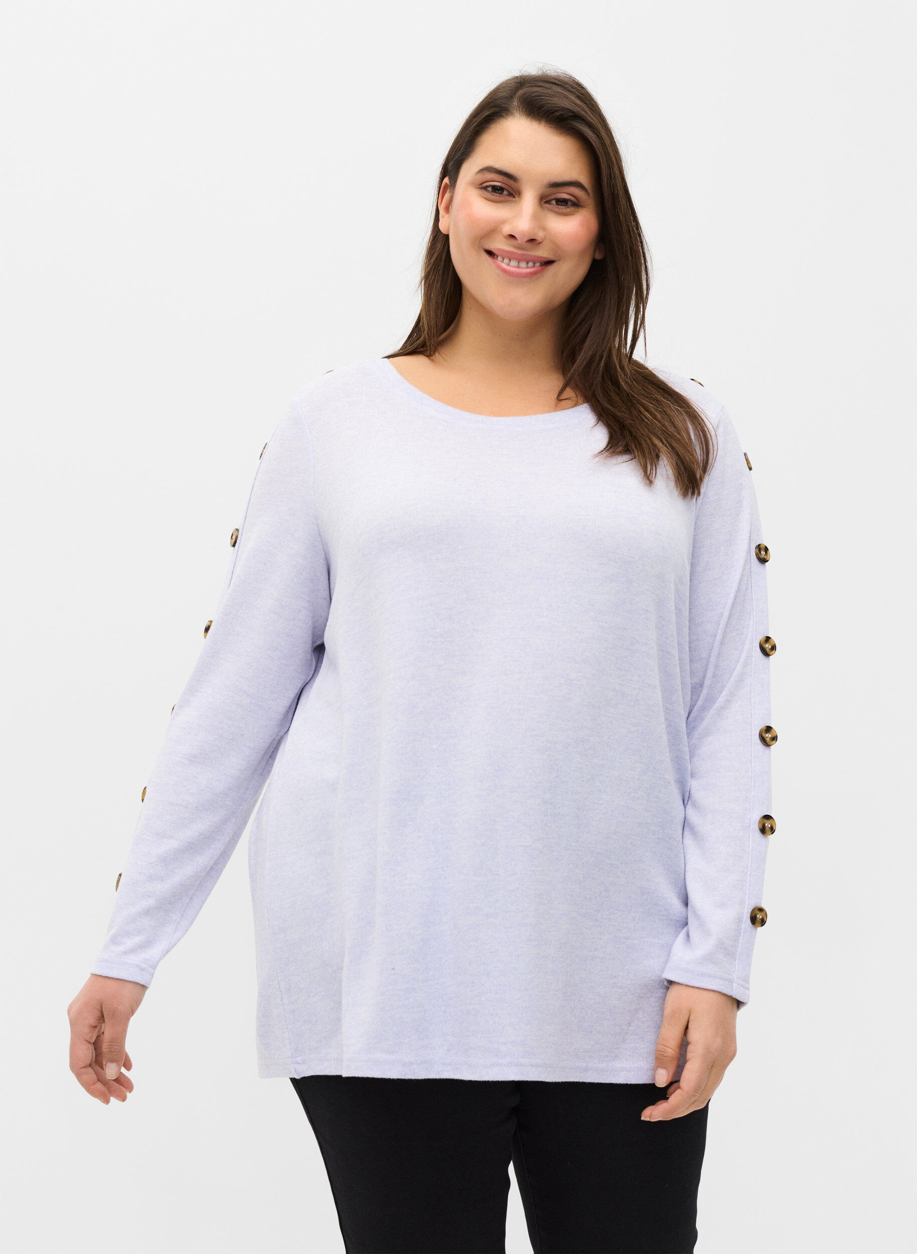 Zizzi Lang&aelig;rmet bluse med knappedetaljer, Cosmic Sky Melange, Model image number 0