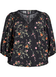 Bluse med 3/4 &aelig;rmer og blondedetalje, Sort