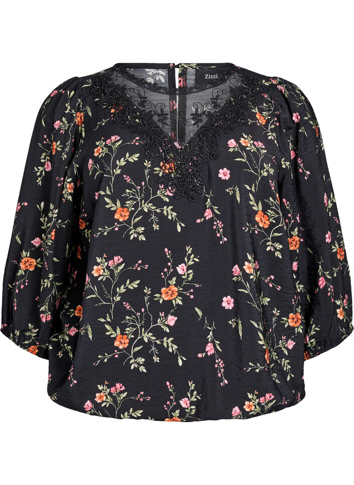 Bluse med 3/4 &aelig;rmer og blondedetalje, Sort, Packshot image number 0