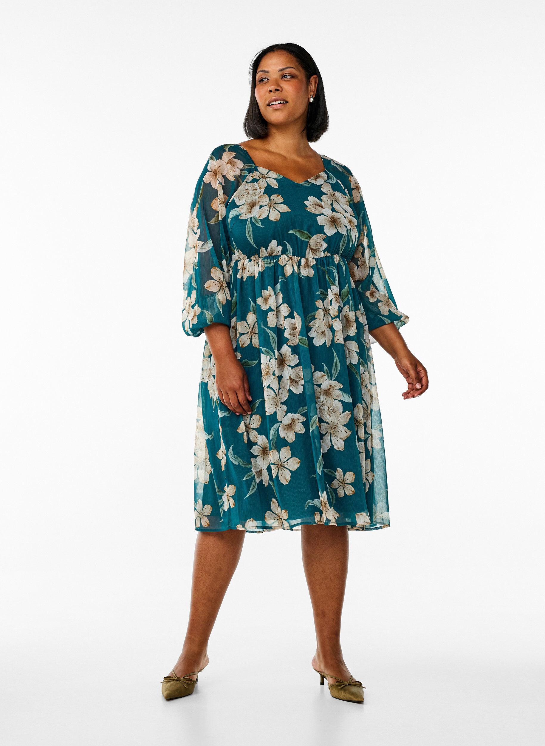 Zizzi Festkjole i chiffon med lange &aelig;rmer, Gr&oslash;n, Model image number 1