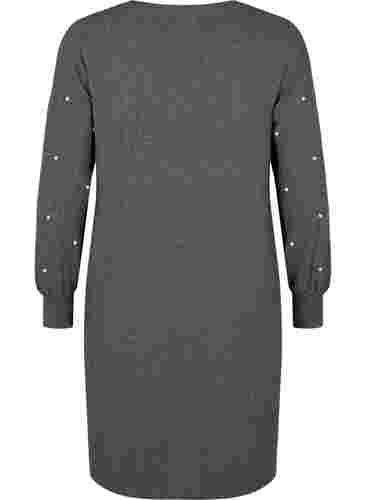 Langærmet kjole med perledetaljer, Dark Grey Melange, Packshot image number 1