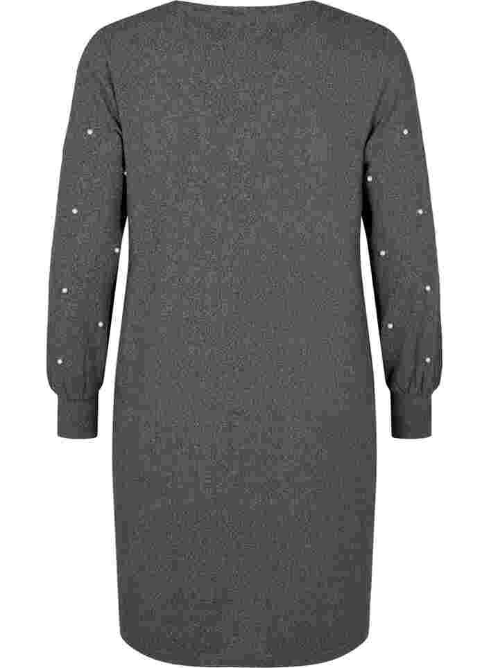 Langærmet kjole med perledetaljer, Dark Grey Melange, Packshot image number 1