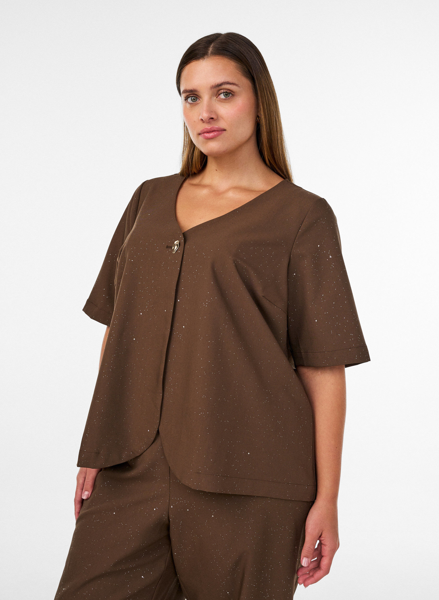 ZizziBluse med glimmer og V-udsk&aelig;ring, Brun, Model image number 0