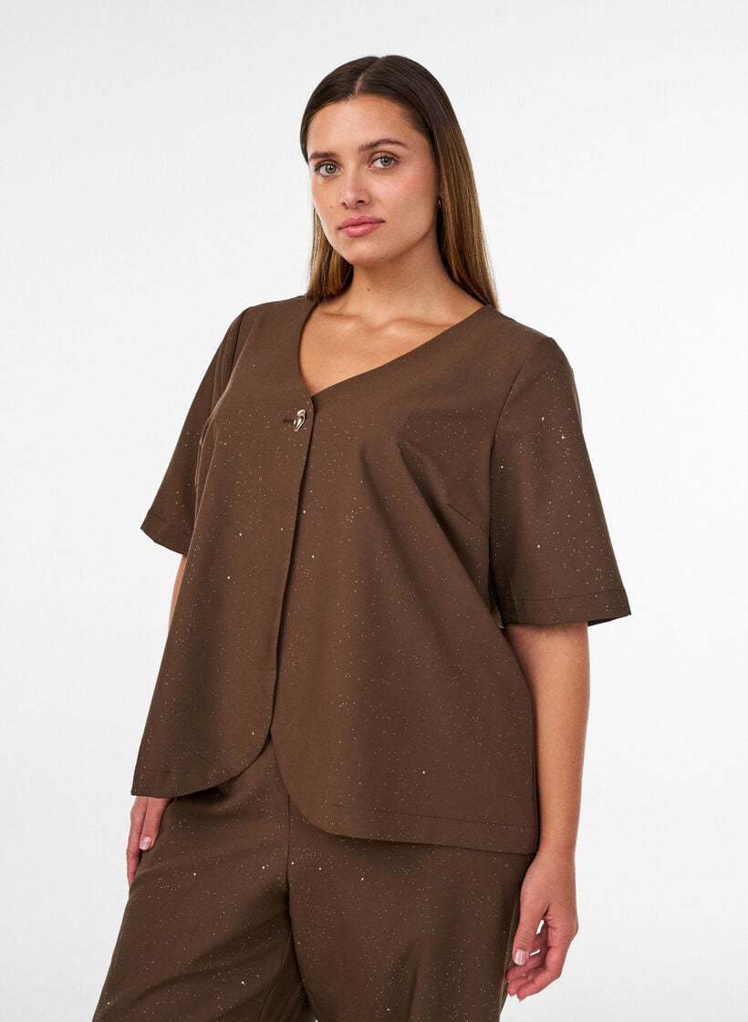 Bluse med glimmer og V-udsk&aelig;ring, Brun, Model image number 0