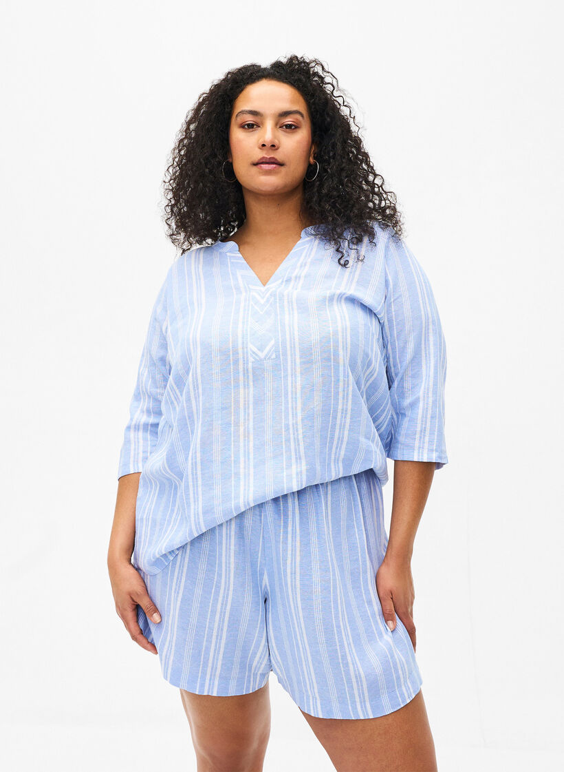 Stribede shorts i hør-viskosemix , Blå, Model image number 0