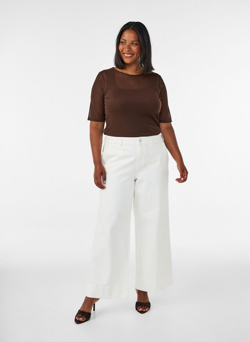 Meshbluse med korte &aelig;rmer og rund hals, Brun, Model image number 1