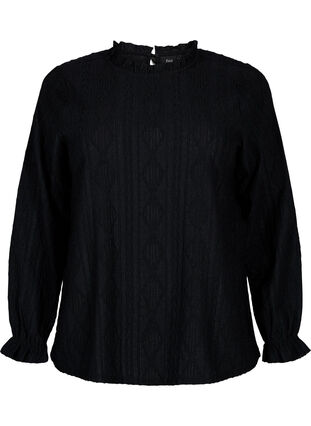 Bluse med flæsedetaljer og tone-i-tone mønster, Black, Packshot image number 0