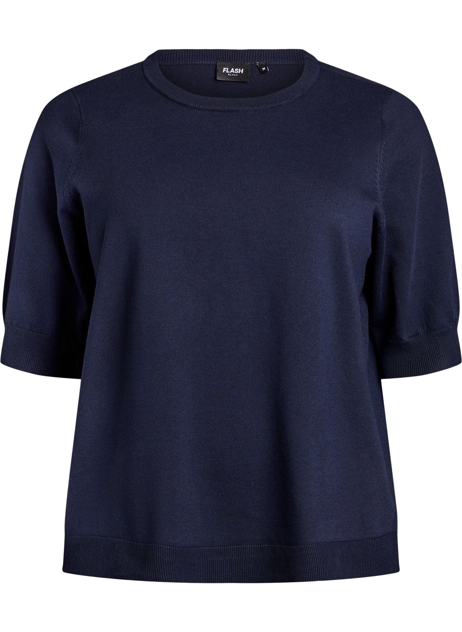 ZizziFinstrikket bluse med korte &aelig;rmer, Bl&aring;, Packshot image number 0