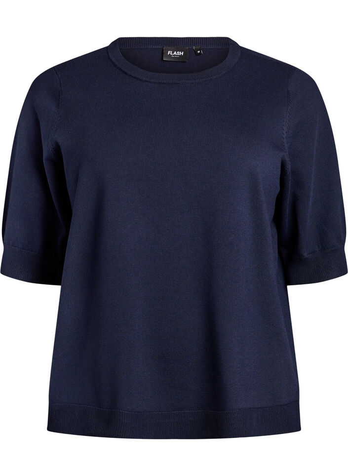 Finstrikket bluse med korte &aelig;rmer, Bl&aring;, Packshot image number 0
