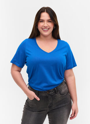 T-shirt i økologisk bomuld med v-udskæring, Princess Blue, Model image number 0