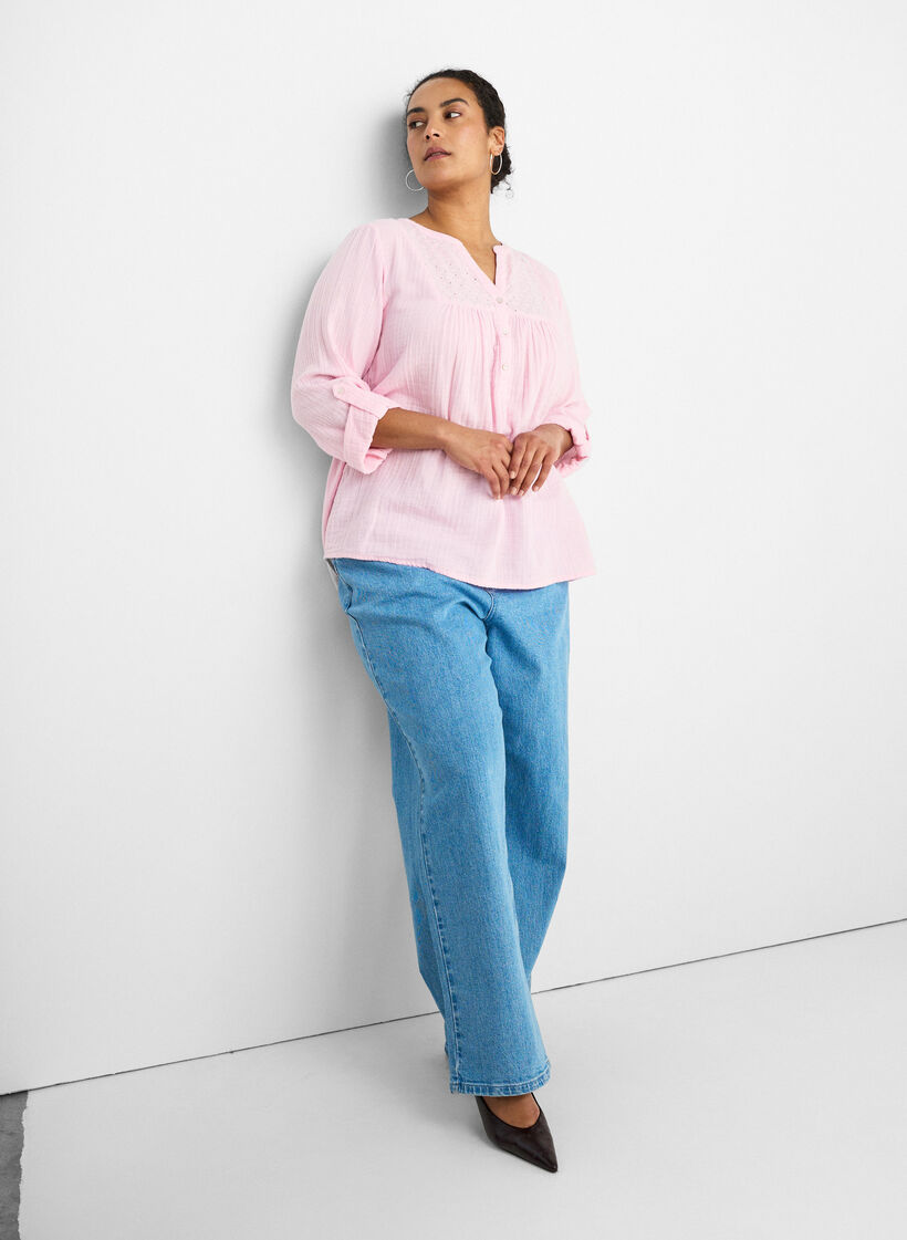 Bluse i bomuldsmusselin med broderi anglaise, Lyser&oslash;d, Model image number 3