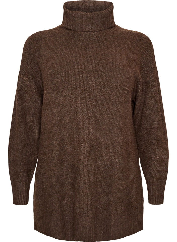 L&oslash;s strikbluse med rullekrave, Brun, Packshot image number 0