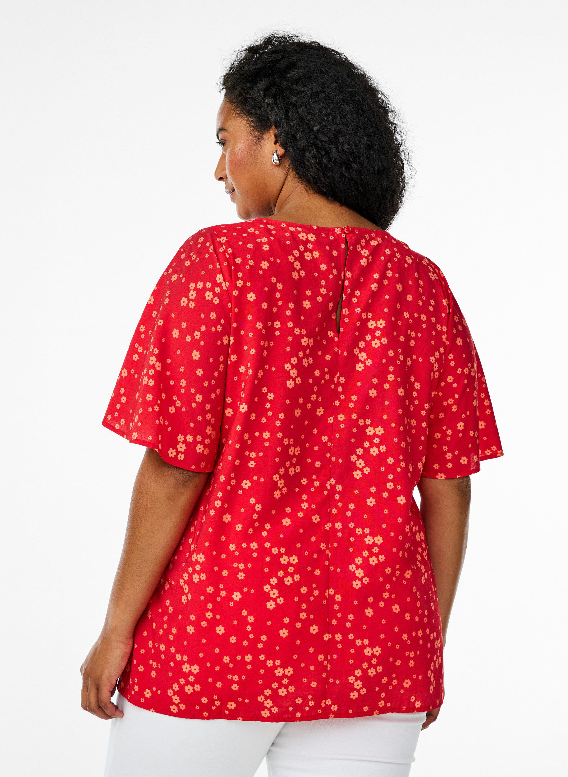 Zizzi Blomstret bluse med flagermus &aelig;rmer, R&oslash;d, Model image number 2