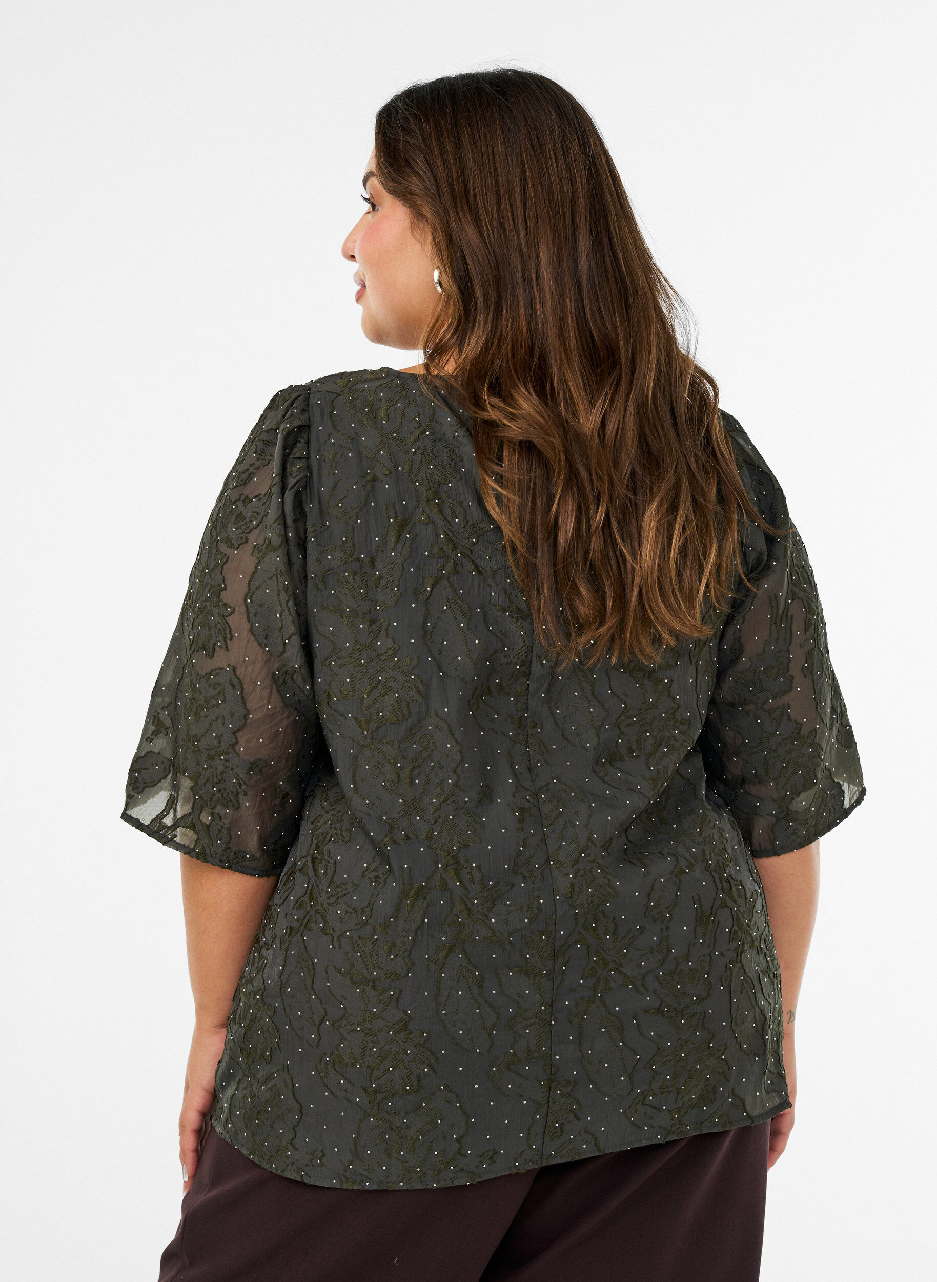 ZizziJacquardbluse med glimtende detaljer og puf&aelig;rmer, Gr&oslash;n, Model image number 2