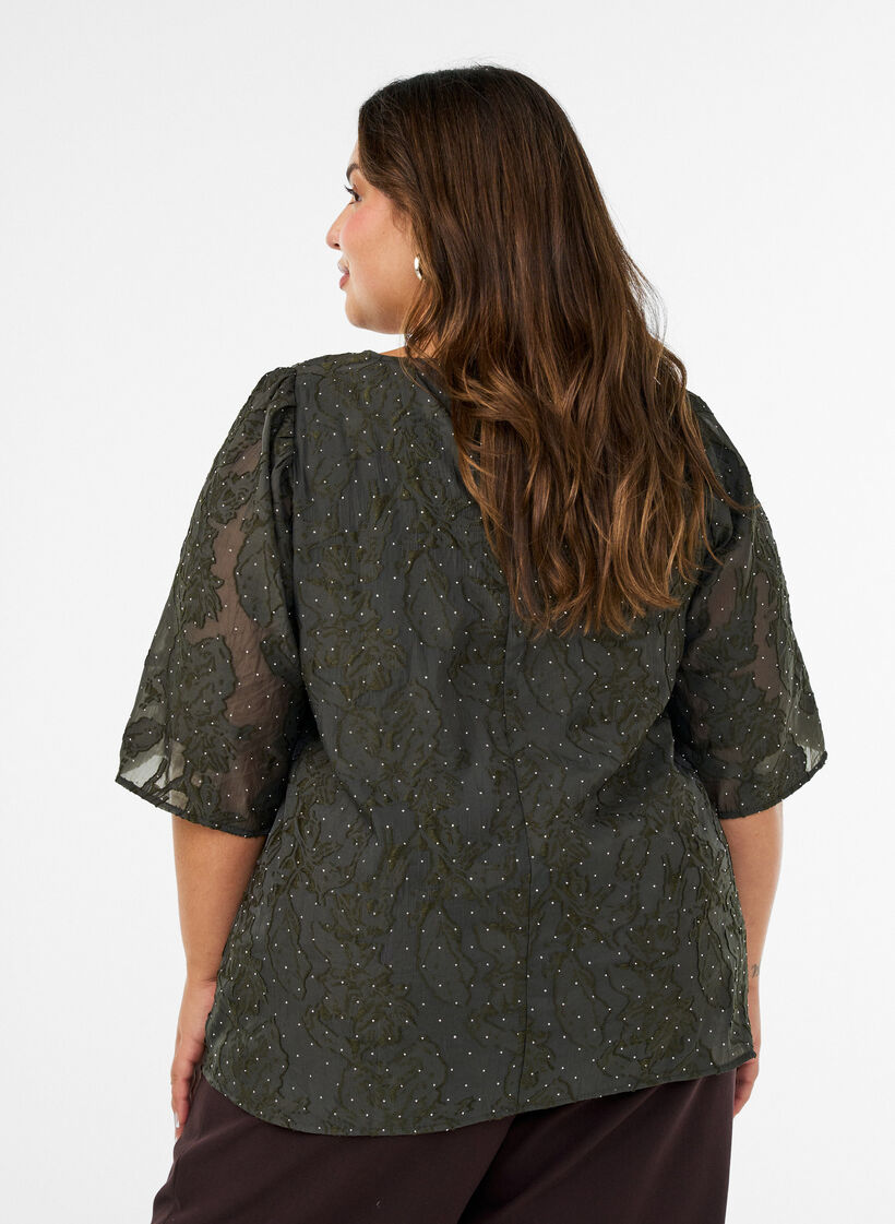 Jacquardbluse med glimtende detaljer og puf&aelig;rmer, Gr&oslash;n, Model image number 2