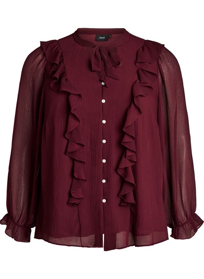 Transparent bluse med fl&aelig;ser og bindeb&aring;nd, R&oslash;d, Packshot image number 0