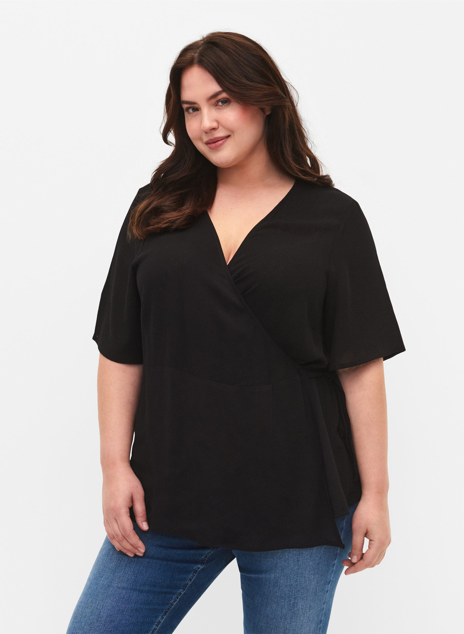 Zizzi Viskosebluse med wrap, Black, Model image number 0
