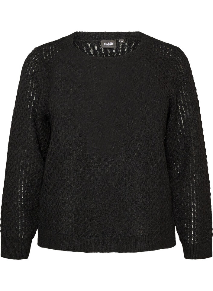 Strikbluse med struktureret hulm&oslash;nster, Sort, Packshot image number 0