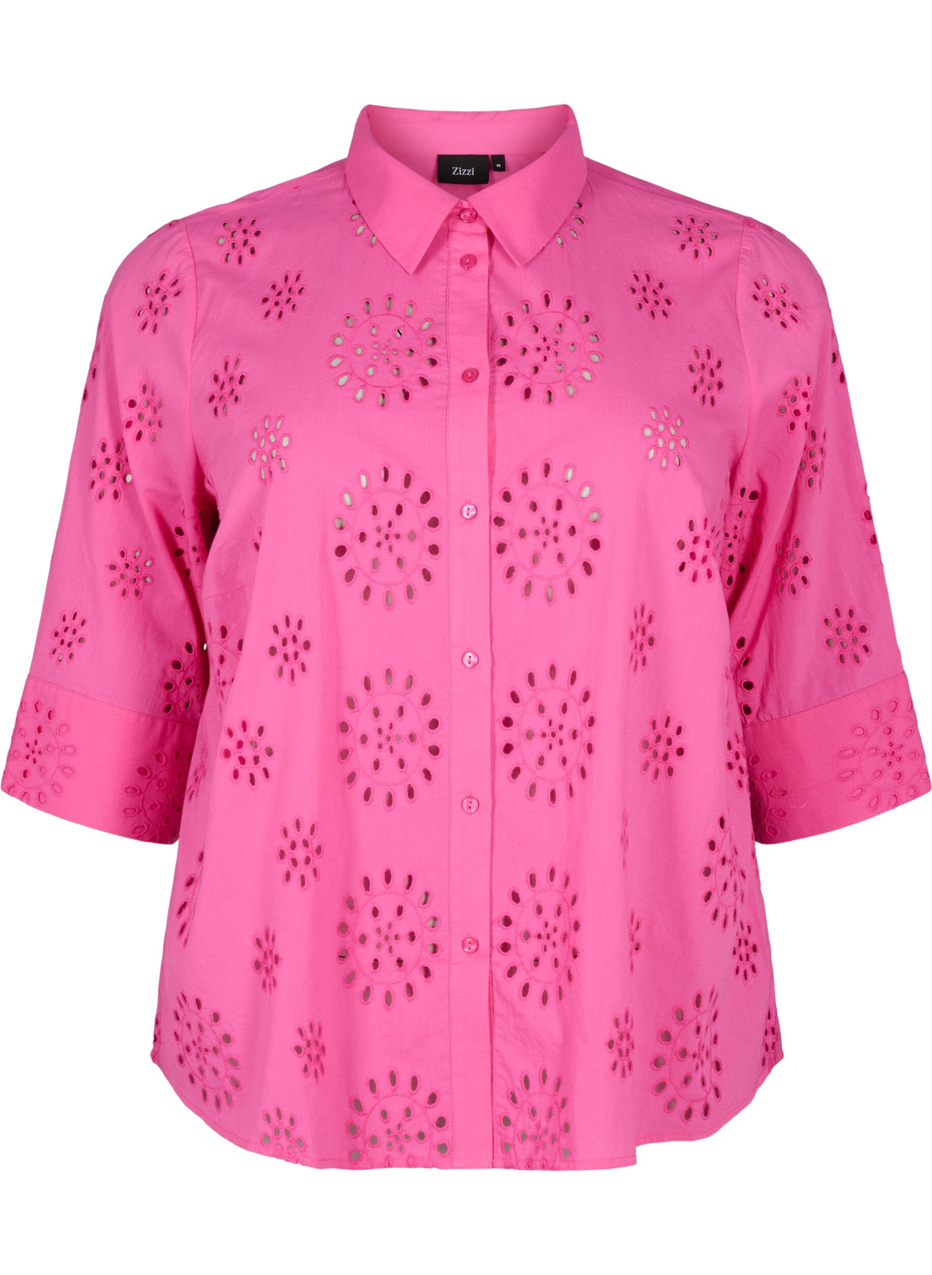 Zizzi Skjortebluse med broderi anglaise og 3/4 &aelig;rmer, Raspberry Rose, Packshot image number 0