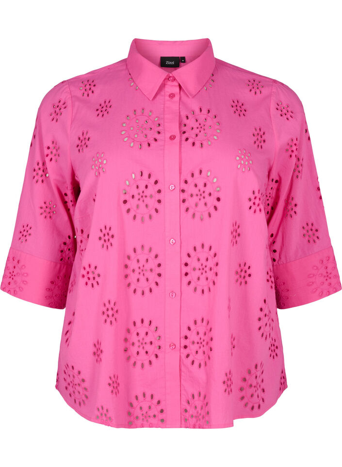 Skjortebluse med broderi anglaise og 3/4 ærmer, Raspberry Rose, Packshot image number 0