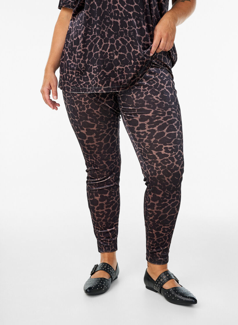 Leggings i velour med leopardmønster, Brun, Model
