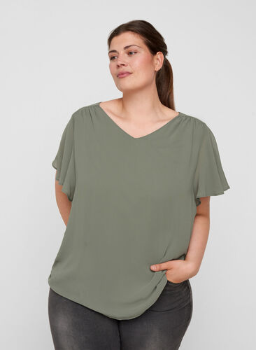 Bluse med korte ærmer, Agave Green, Model image number 0