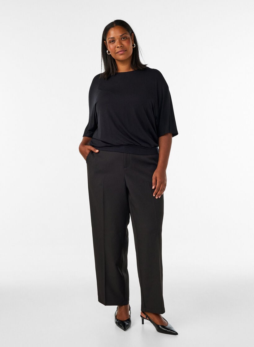 Jerseybluse med albuelange &aelig;rmer og balloneffekt, Sort, Model image number 1