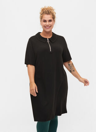 Kortærmet kjole med krave og lynlås, Black, Model image number 0