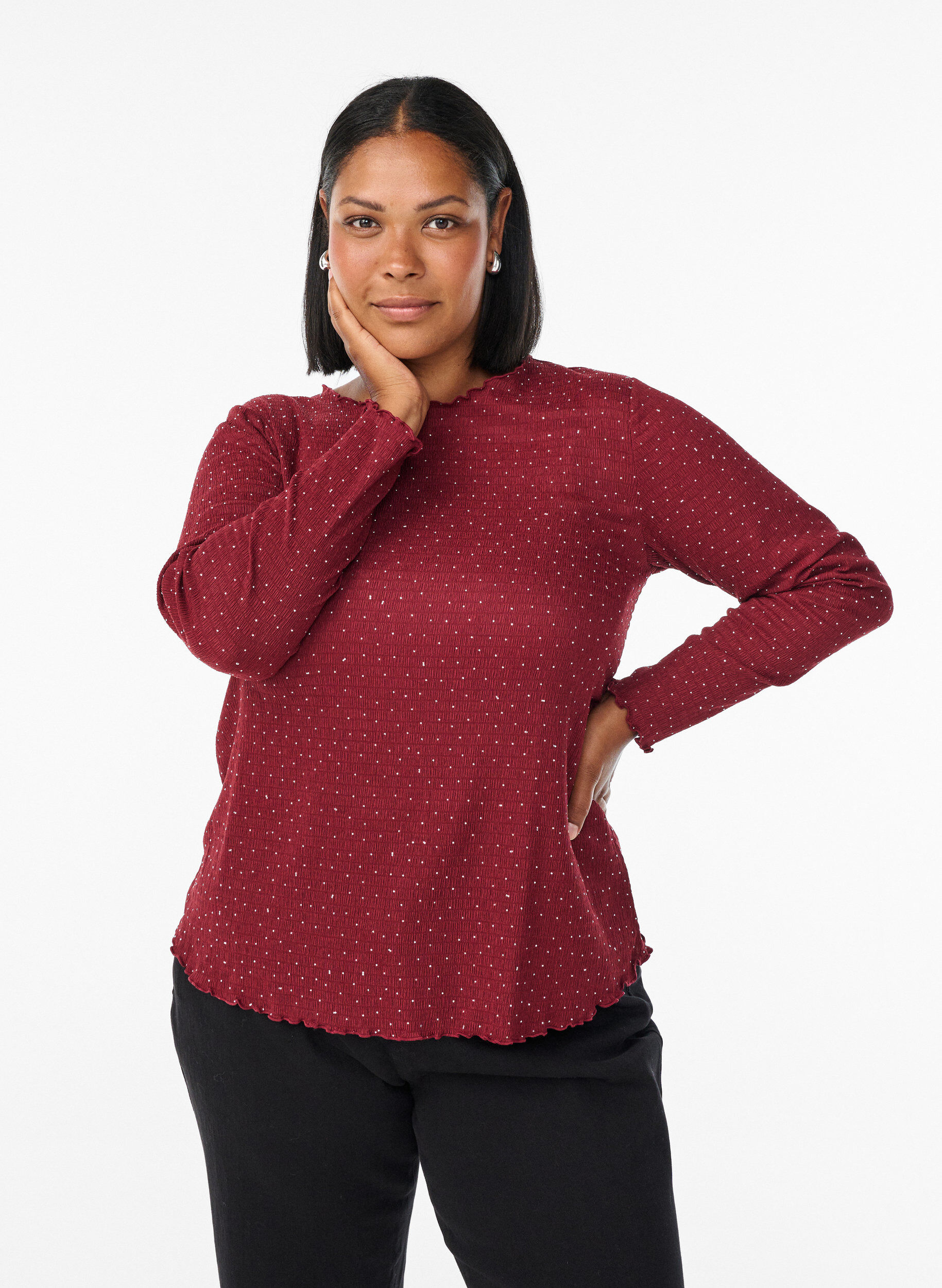 Lang&aelig;rmet bluse med rhinsten, M&oslash;rk Bordeaux, Model