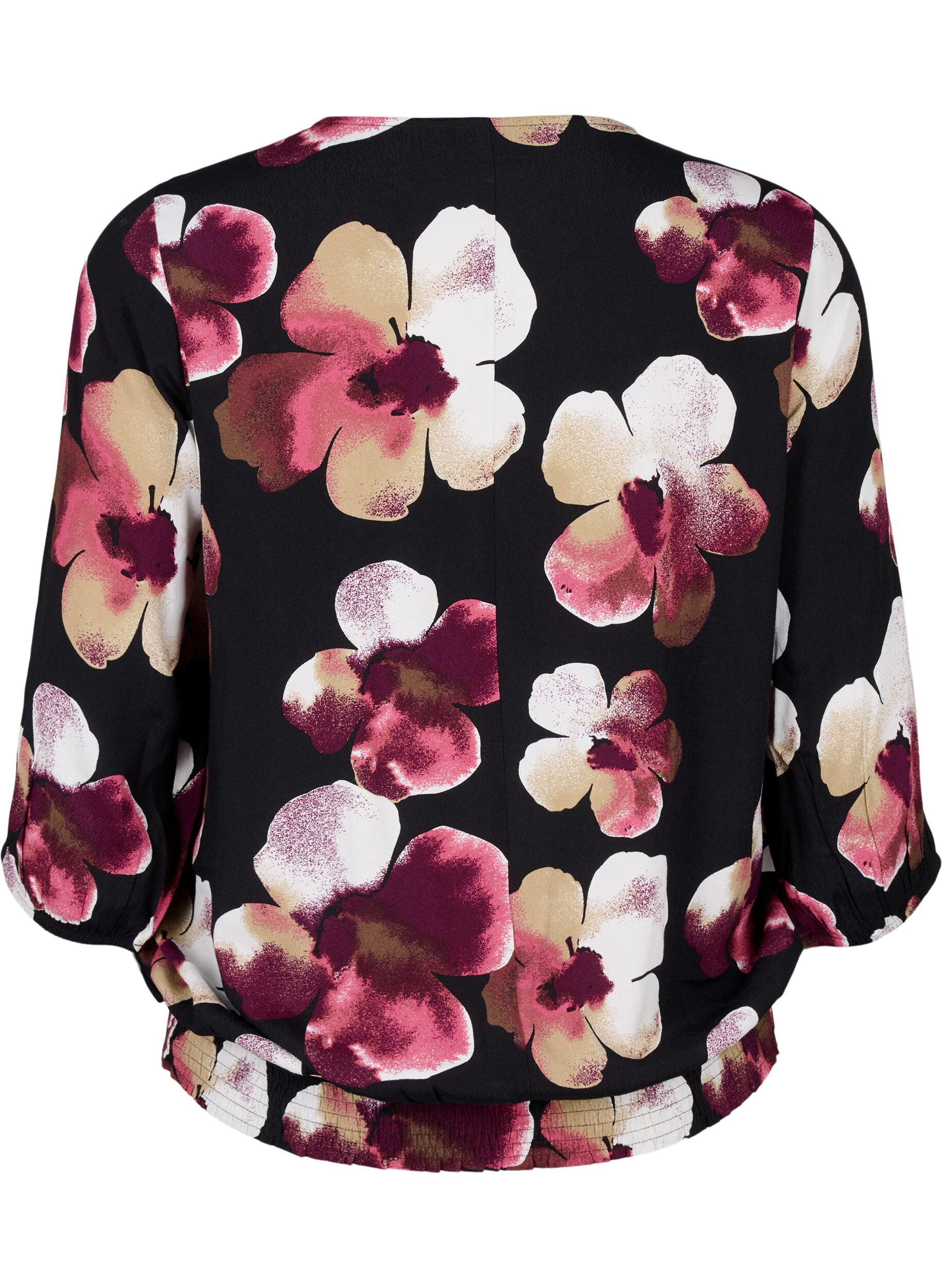 Zizzi Viskosebluse med print og smock, Sort, Packshot image number 1