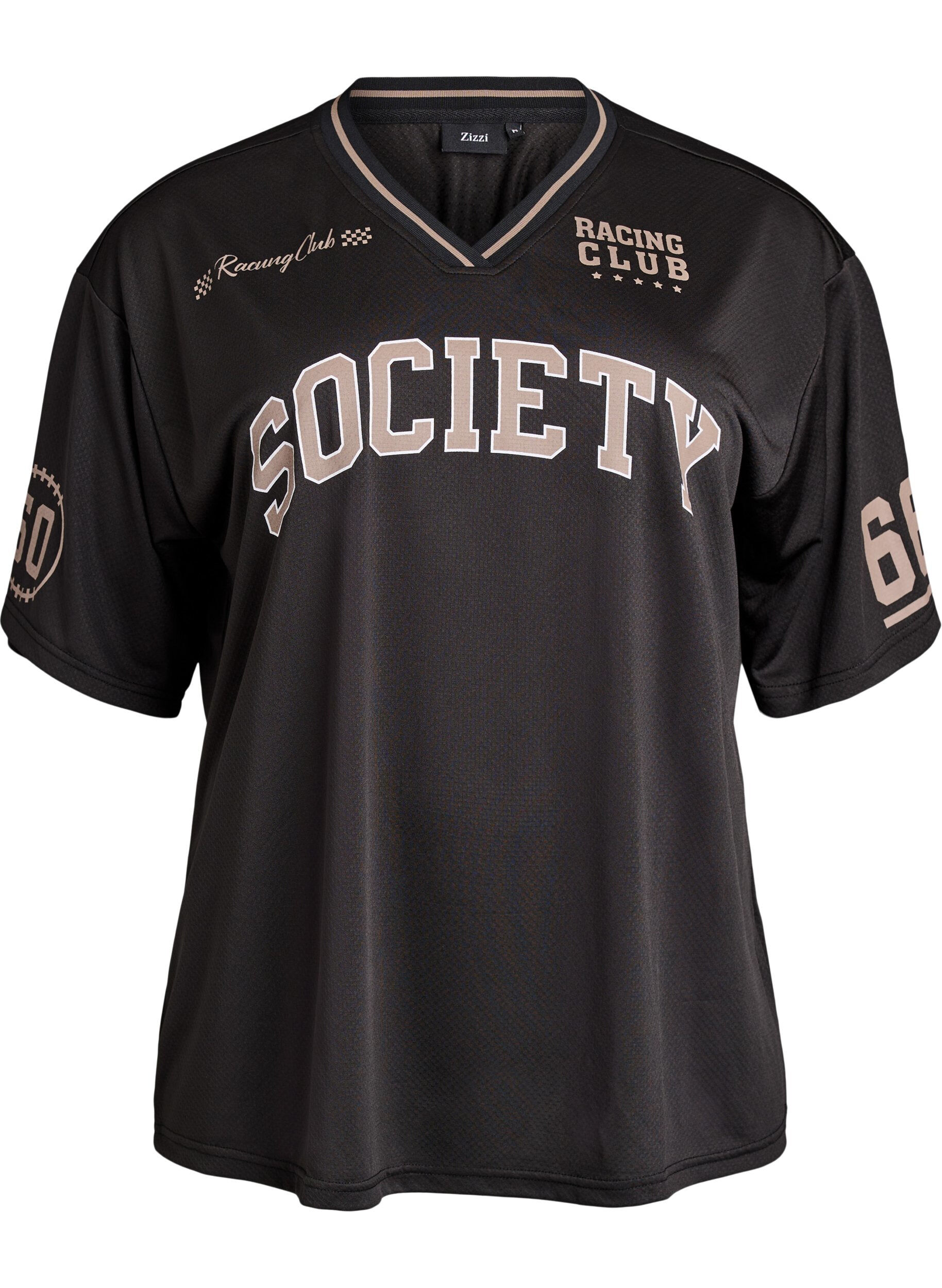 Zizzi Sporty T-shirt med V-udsk&aelig;ring og racingprint, Sort, Packshot image number 0