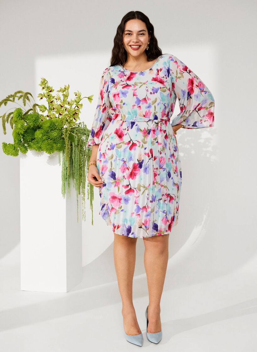 Printet plissékjole med bindebånd, White/MultiFlowerAOP, Image image number 0