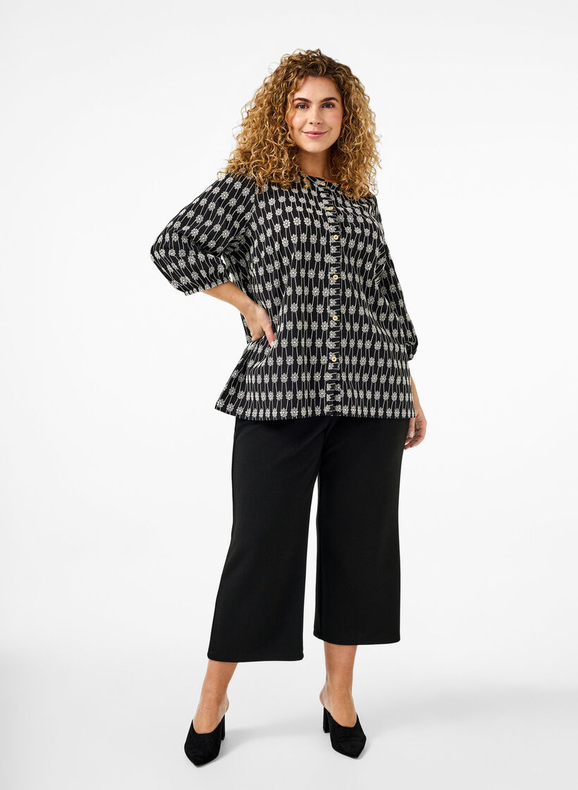 Skjortebluse i bomuld med blomstermønster, Black, Model image number 2