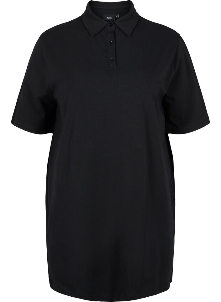Bomulds tunika med krave og korte ærmer, Black, Packshot image number 0