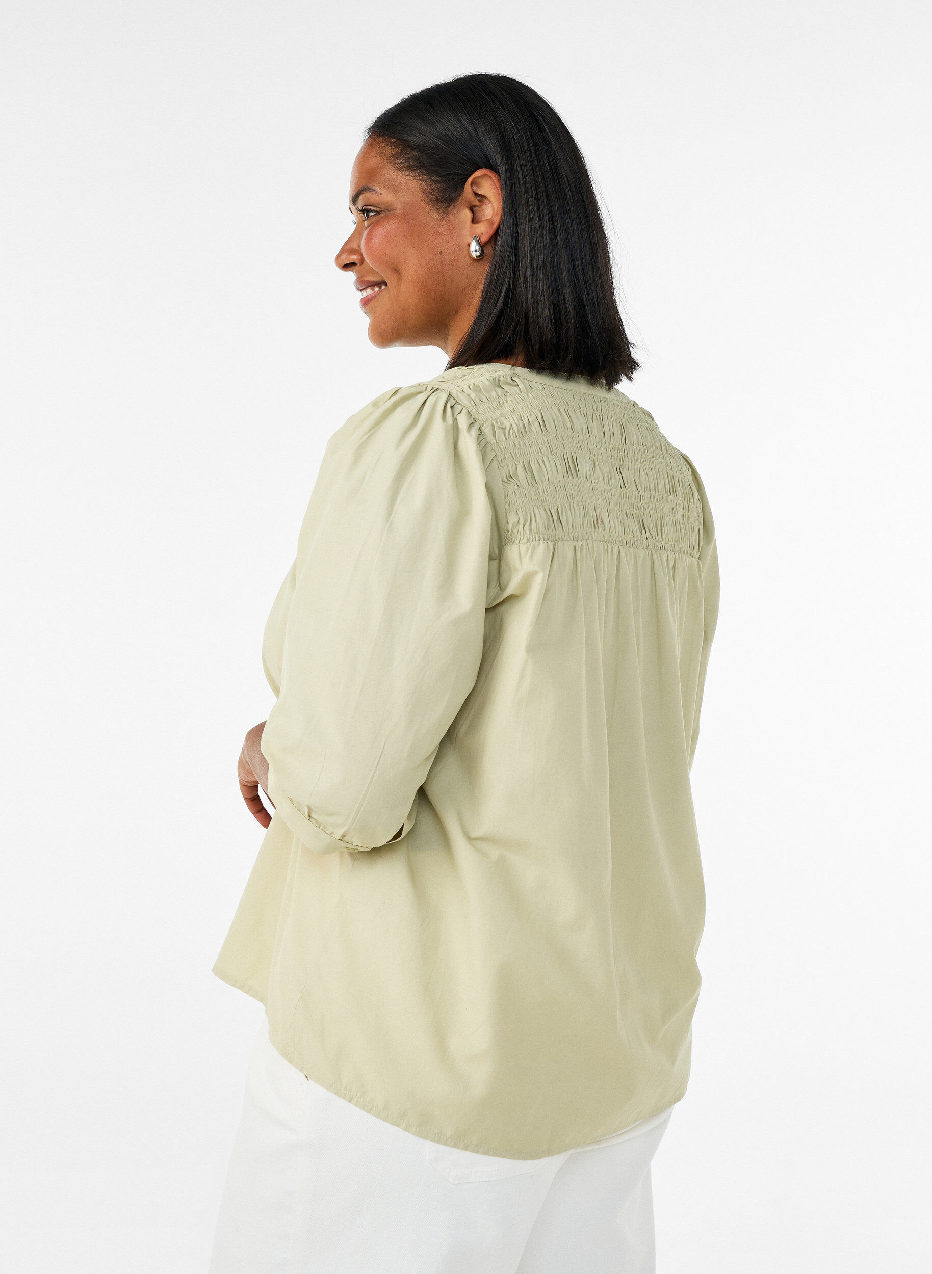 ZizziBluse med smock og 3/4-&aelig;rmer, Gr&oslash;n, Model image number 2