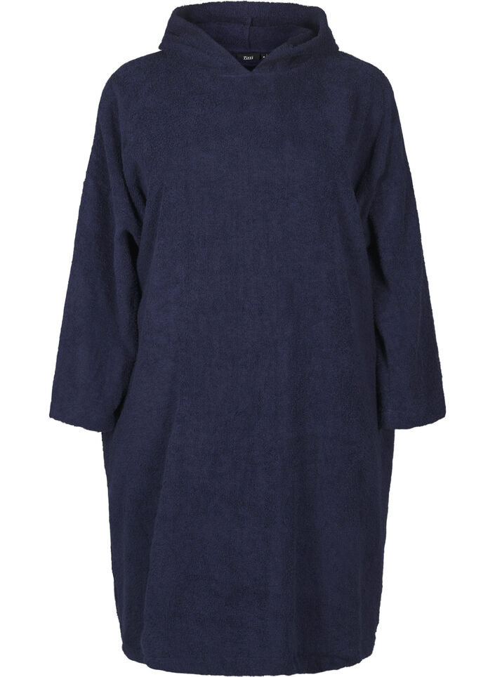 Frott&eacute; poncho med h&aelig;tte, Navy Blazer, Packshot image number 0