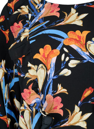Langærmet bluse med flæser, Black Flower AOP, Packshot image number 2