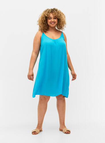 Ensfarvet strop kjole i viskose, Blue Atoll, Model image number 0