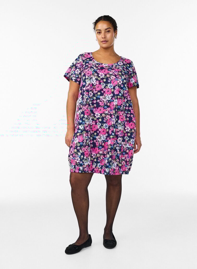 Kort&aelig;rmet bomuldskjole med print, Bl&aring;, Model image number 1