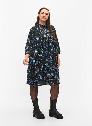 Skjortekjole med 3/4 ærmer og blomsterprint, Blue Flower AOP, Model image number 2