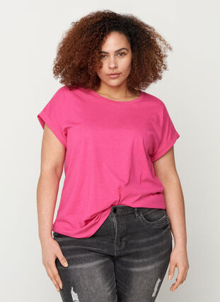 T-shirt i bomuldsmix, Fuchsia Purple Mel., Model image number 0