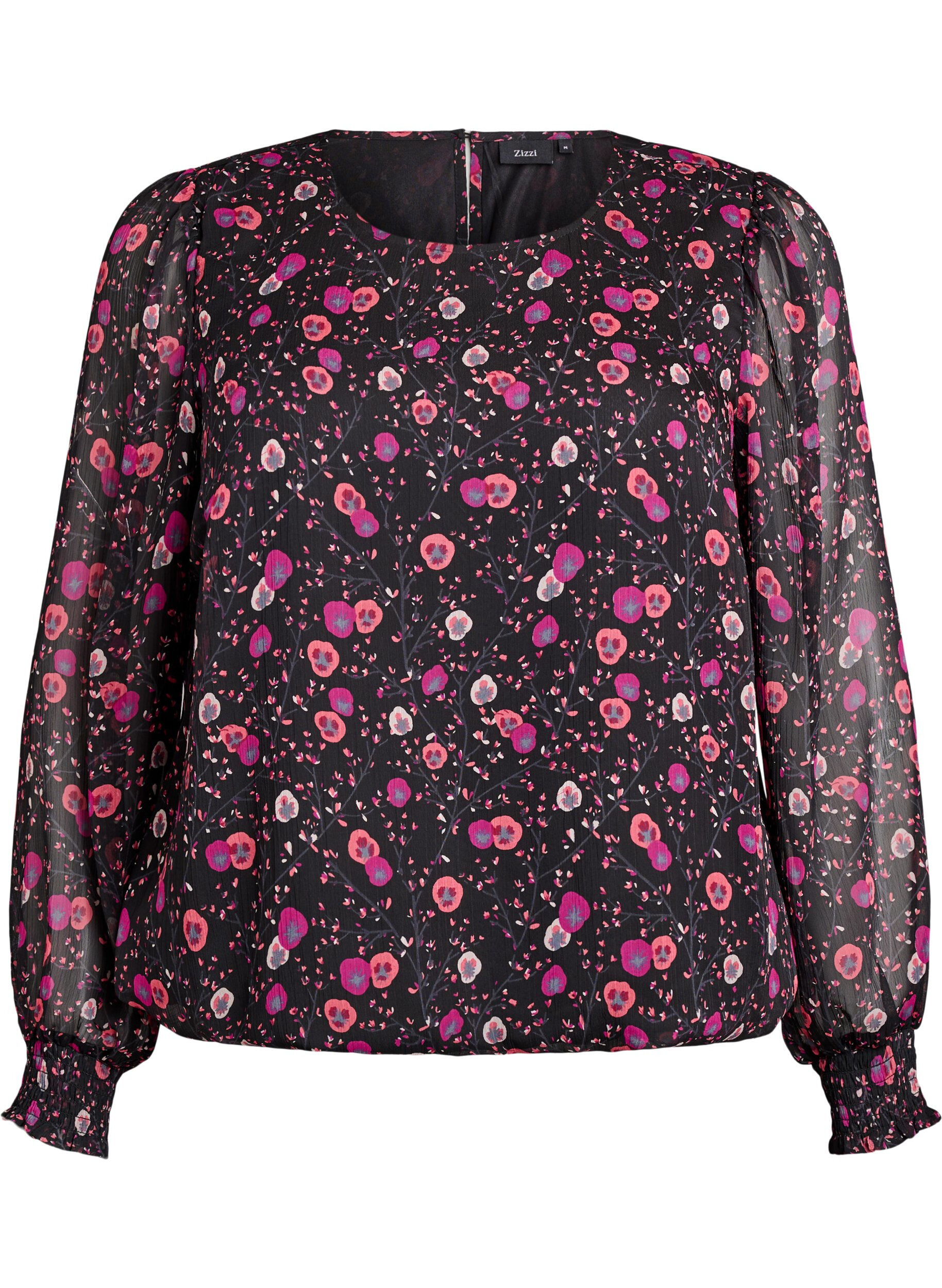 Blomstret chiffonbluse med transparente &aelig;rmer