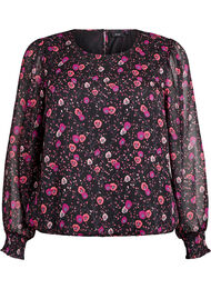 Blomstret chiffonbluse med transparente &aelig;rmer, Sort