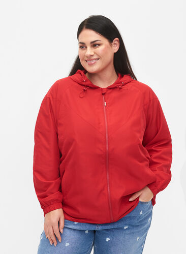 Kort jakke med hætte og justerbar bund, Tango Red, Model image number 0