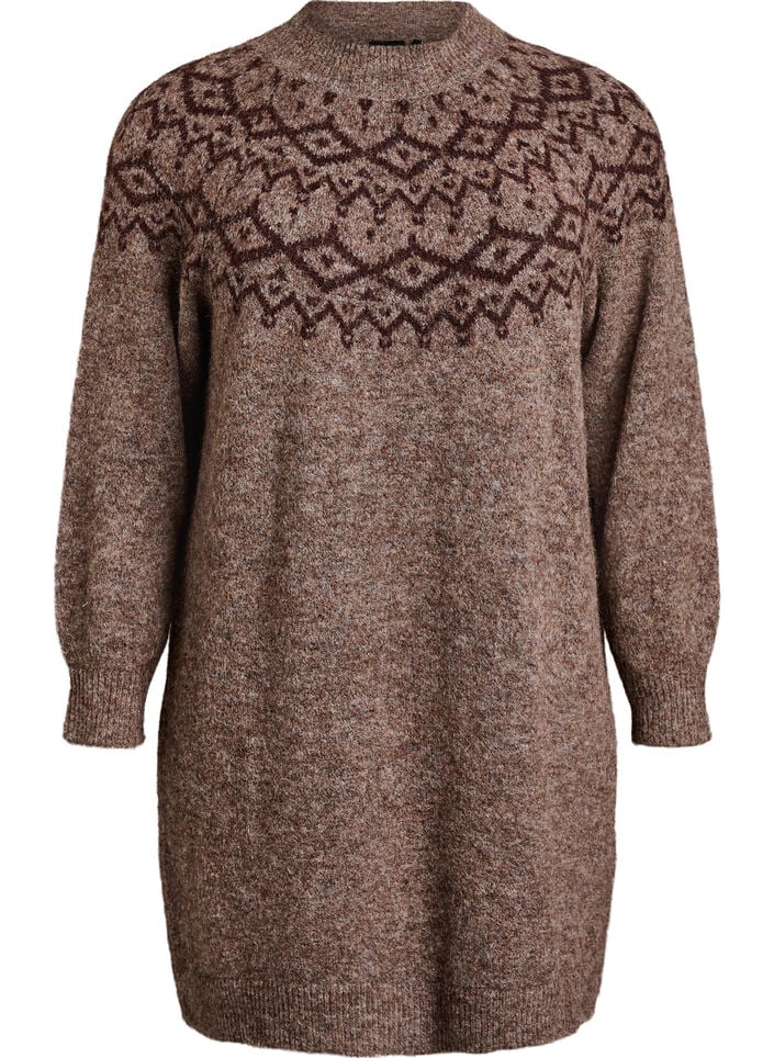 Strikkjole med jacquardm&oslash;nster, Brun, Packshot image number 0