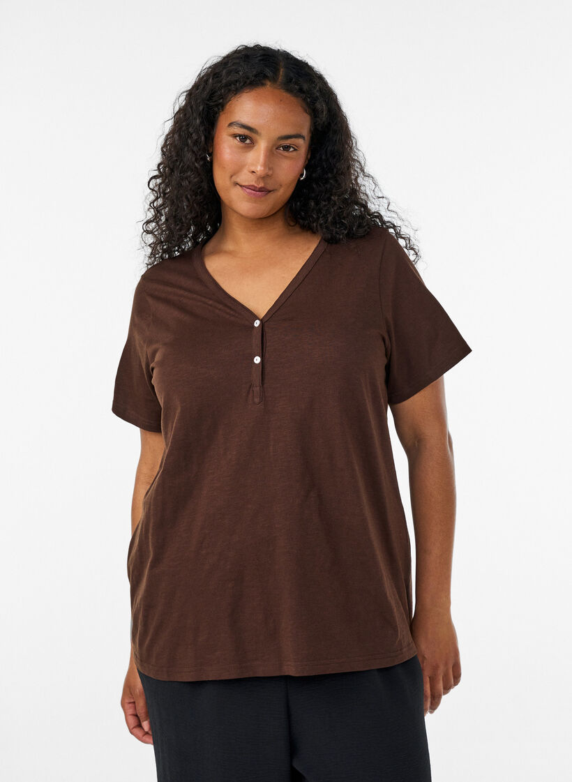 T-shirt med knapdetalje, Brun, Model image number 0