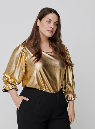 Shiny bluse med 3/4 pufærmer, Gold, Model image number 0