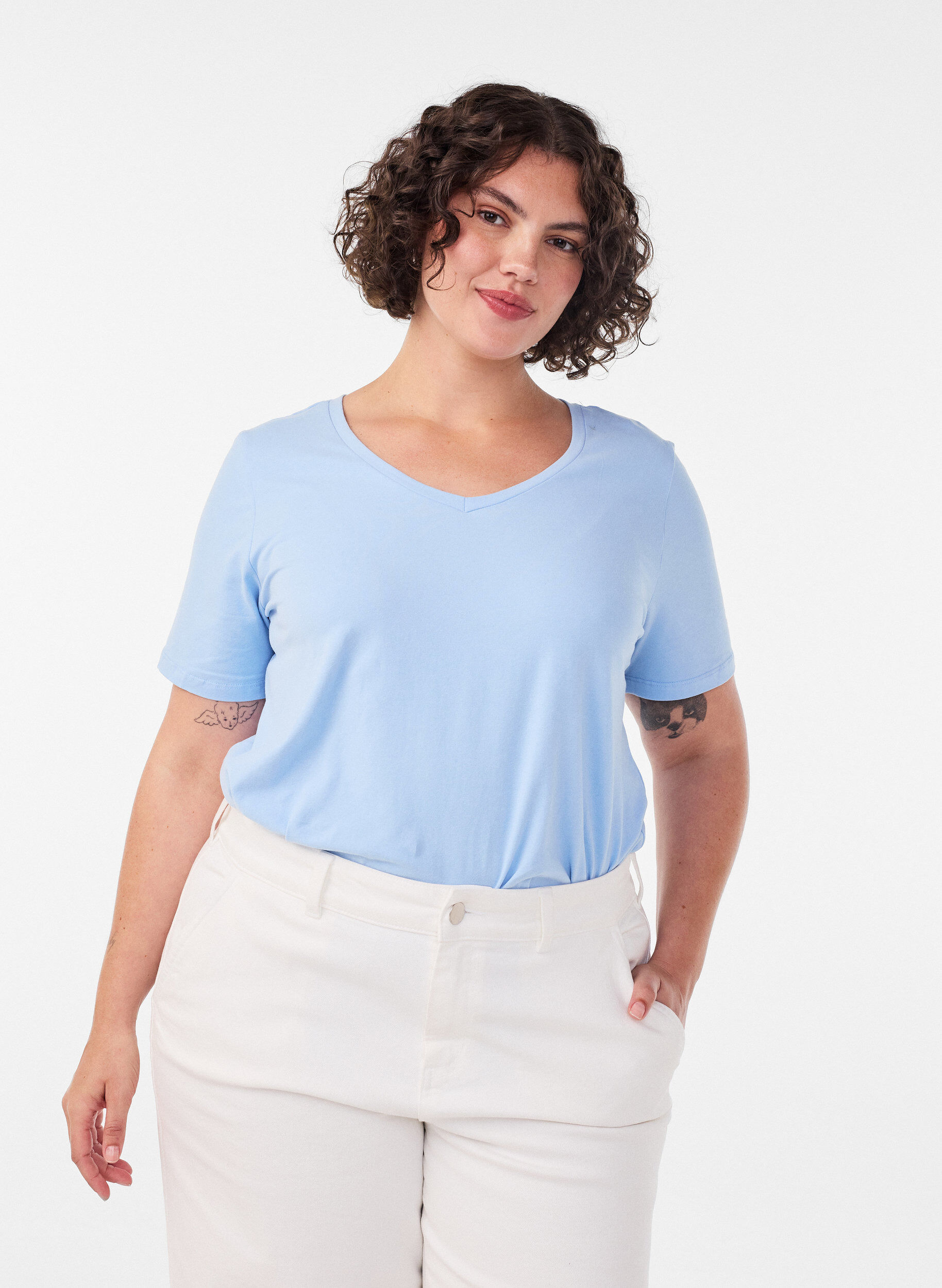 Ensfarvet basis t-shirt i bomuld, Bl&aring;, Model